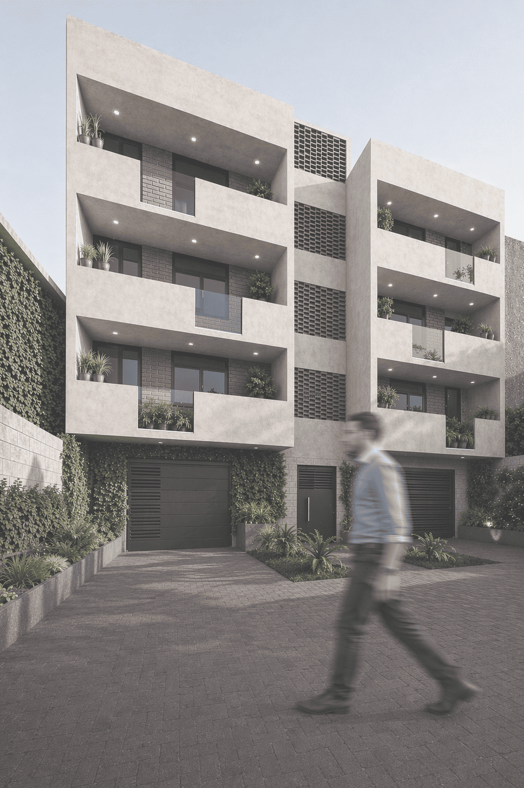Imagen de un render de CAVEM Studio de una persona caminando en frente de un edificio blanco
